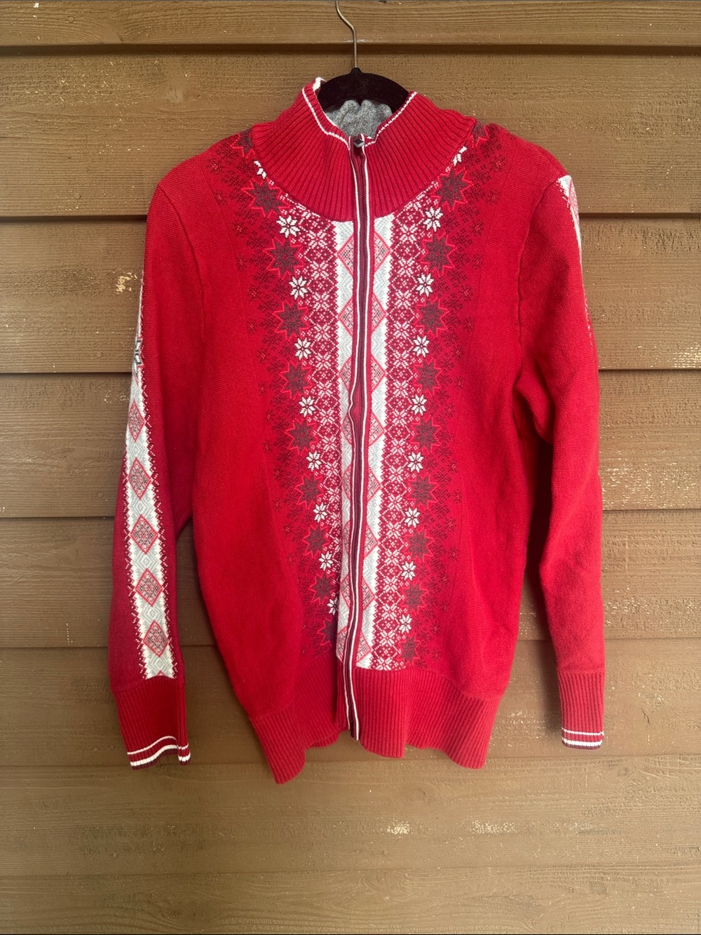 Eddie Bauer Red Zip-Front Nordic Pattern Cardigan size Large